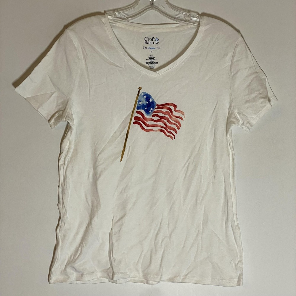 Croft & Barrow Top Womens Medium White Classic Tee American Flag Graphic 4th USA